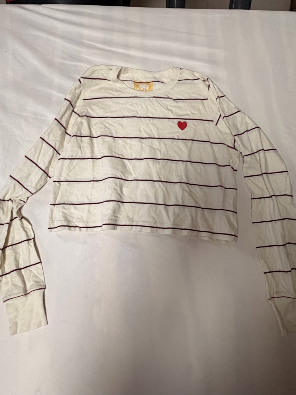 Spiritual Gangster Cream Striped Long Sleeve Tee with Red Heart